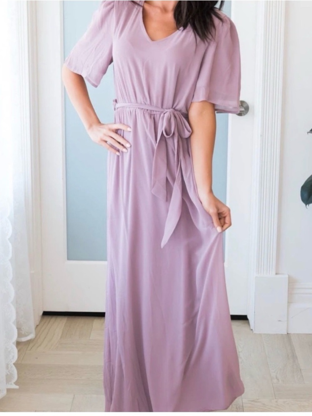 Tea & Rose Soft Dusty Mauve V-Neck Maxi Dress with Tie Waist